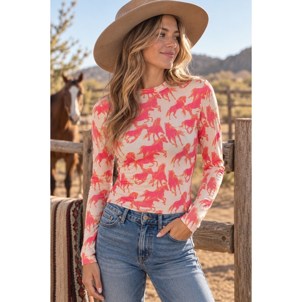 Turquoise Haven Horse Print Mesh Top Slim Mock Neck Pink Western Festival Small